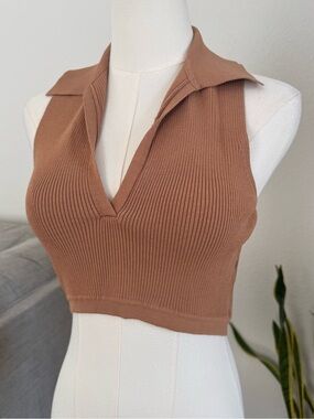 Miss Love Ribbed Knit V Neck Crop Top Medium Brown Tan M Collared Sleeveless Y2k